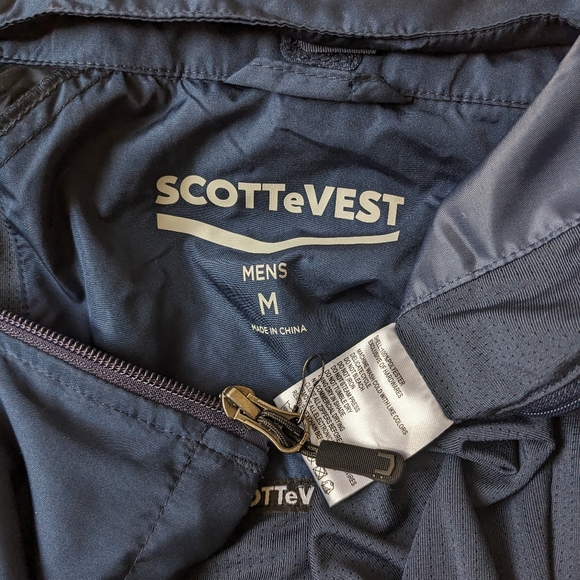 SCOTTeVEST Pack Windbreaker Jacket Men M Navy Lightweight Travel Pockets Hooded - Picture 2 of 7